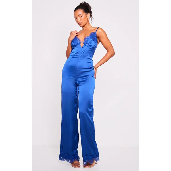Blue Satin Lace Trim Detail Jumpsuit
