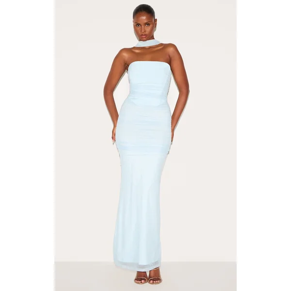 Blue Scarf Detail Ruched Maxi Dress