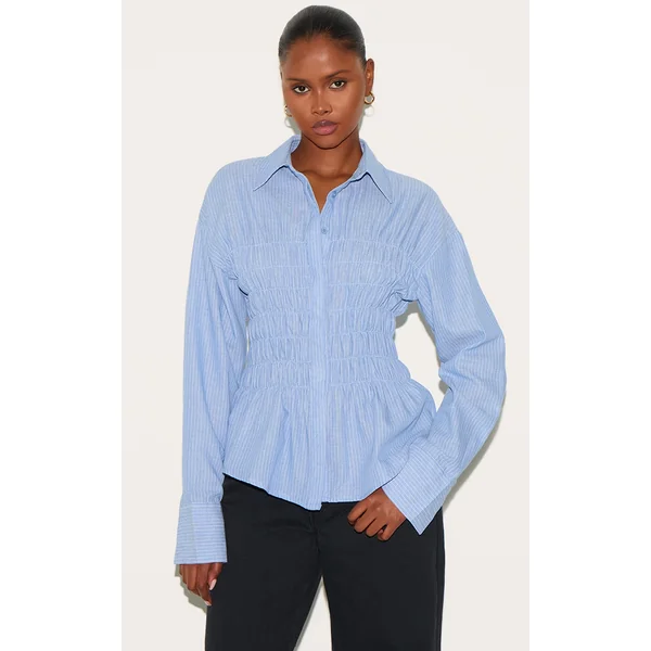 Blue Shirred Striped Fitted Shirt