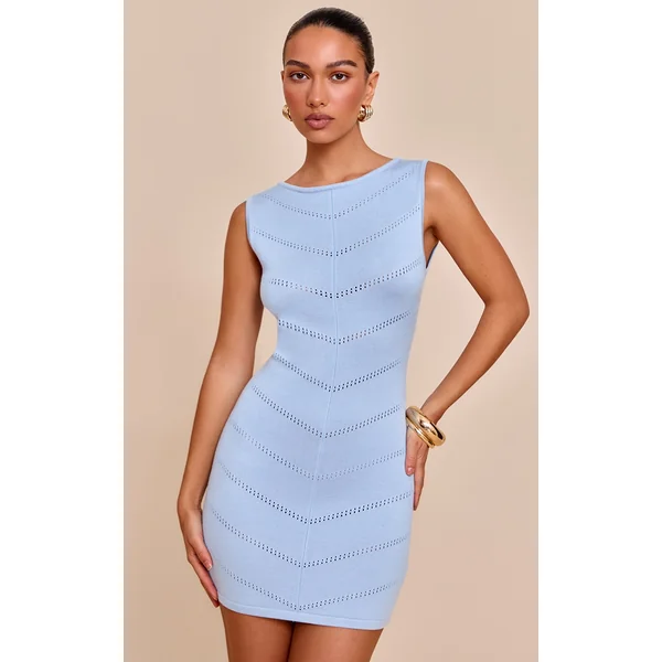 Blue Soft Knit Pointelle Detail Boat Neck Mini Dress