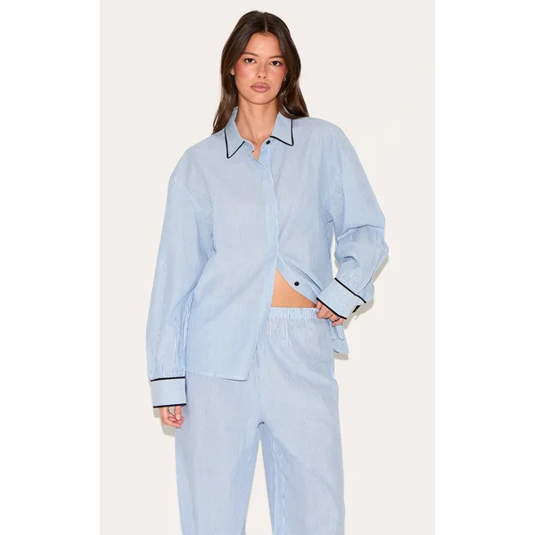 Blue Stripe Contrast Piping Tie Detail Long Pj Set