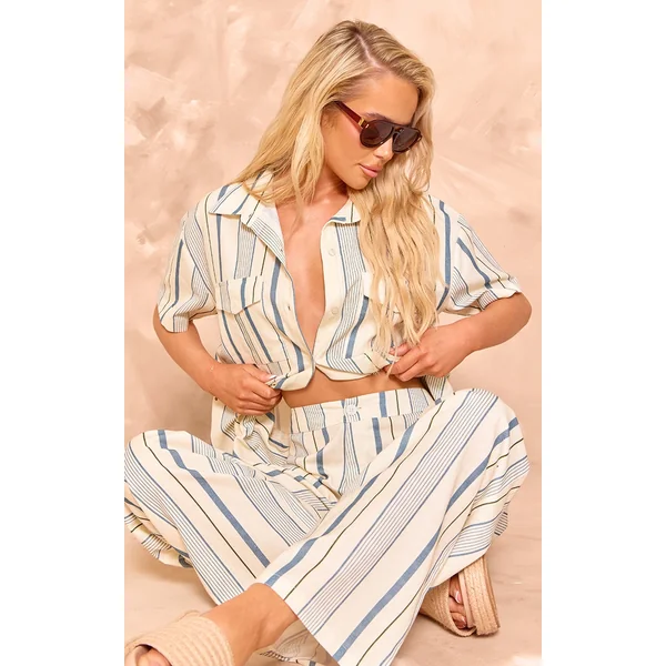 Blue Stripe Linen Look Pocket Front Short Sleeve Oversized Shirt