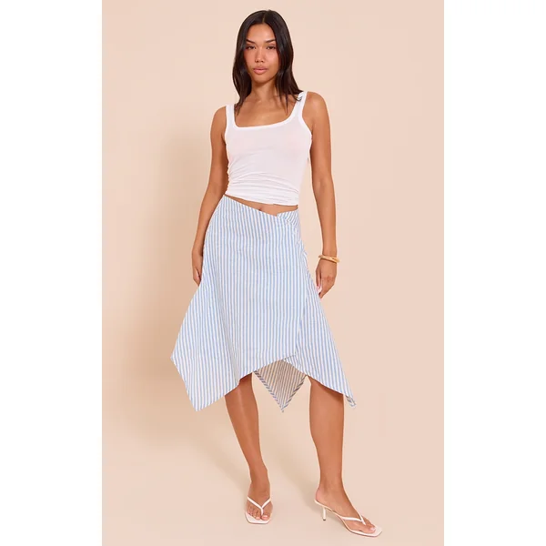 Blue Stripe Split Hem Hanky Hem Midi Skirt