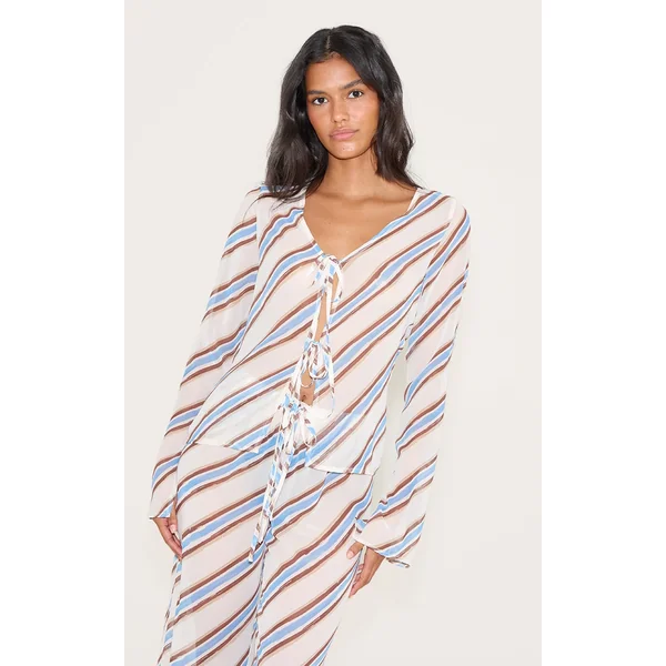 Blue Stripe Tie Detail Floaty Long Top
