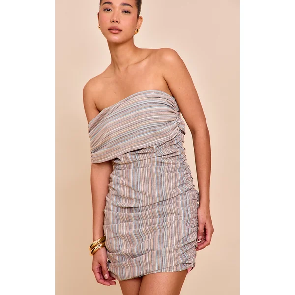 Blue Striped Asymmetric Bardot Bodycon Dress