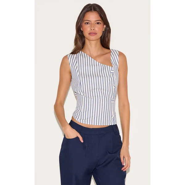 Blue Striped Asymmetric Fitted Vest