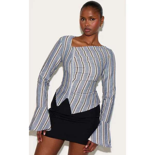 Blue Striped Asymmetric Hem Top
