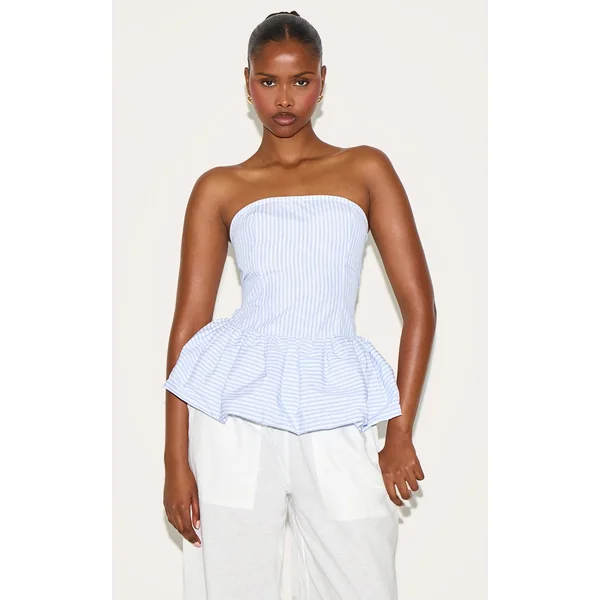 Blue Striped Bandeau Puff Ball Top