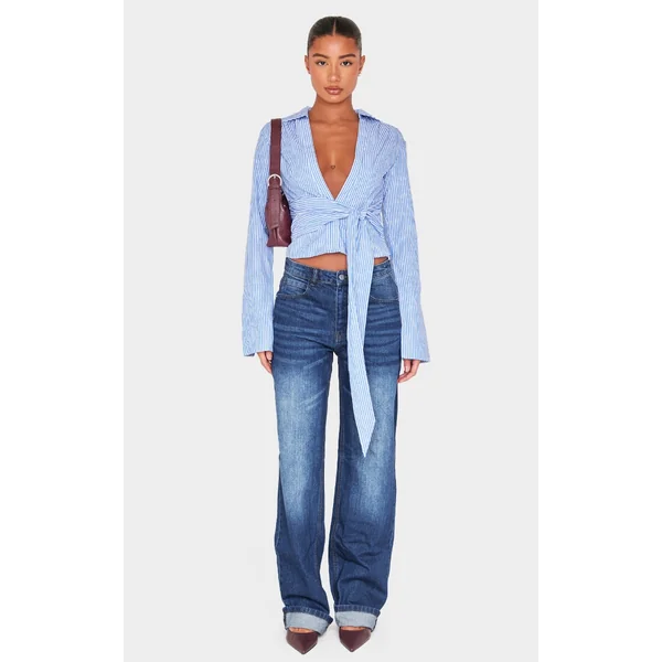 Blue Striped Cinched Tie Waist Shirt