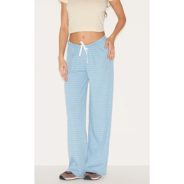 Blue Striped Contrast Drawstring Slouchy Pants