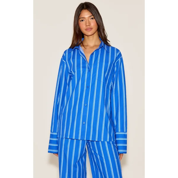 Blue Striped Cotton Poplin Oversized Long Sleeve Shirt