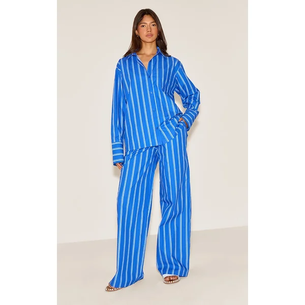 Blue Striped Cotton Poplin Wide Leg Pants