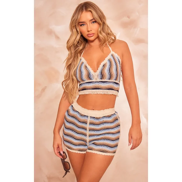 Blue Striped Crochet Knit Halterneck Top
