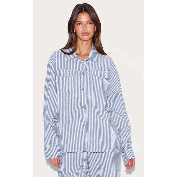 Blue Striped Linen Pocket Detail Oversized Shirt