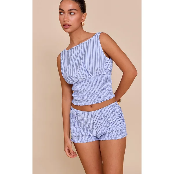 Blue Striped Shirred Hot Pants