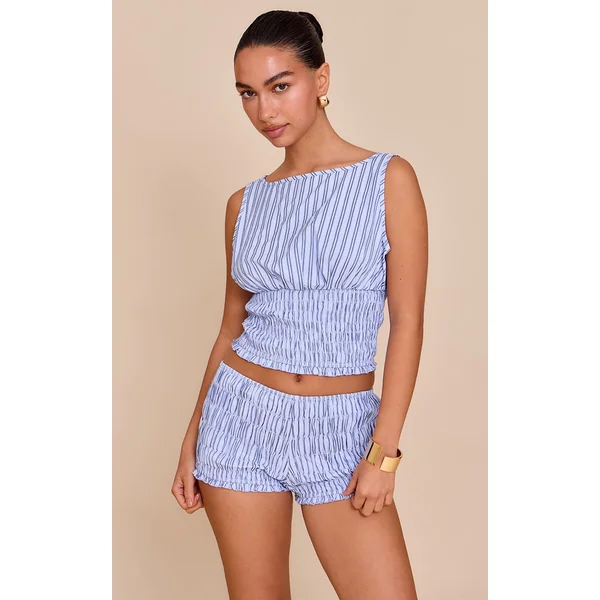 Blue Striped Shirred Waist Top