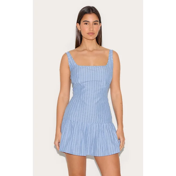 Blue Striped Sleeveless Straight Neck Shift Dress