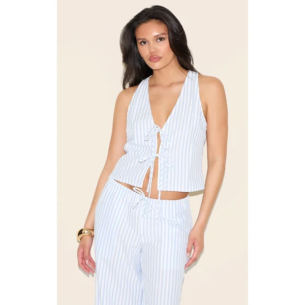 Blue Striped Sleeveless Tie Front Top