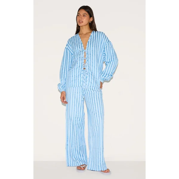 Blue Striped Textured Tie Drawstring Wide Leg Pants