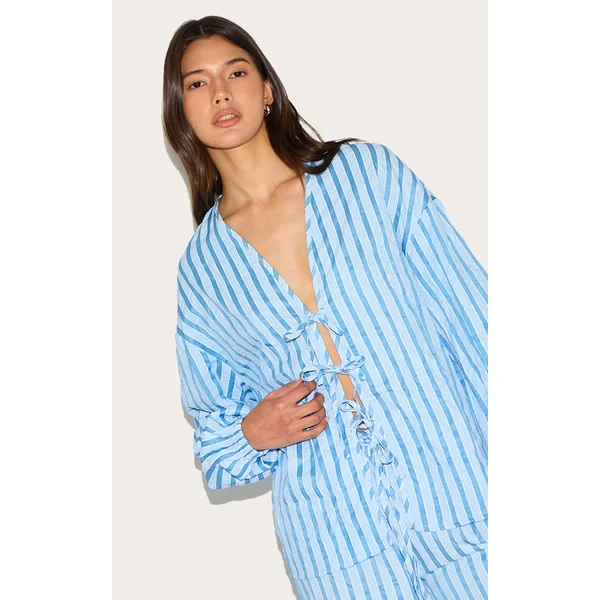Blue Striped Textured Tie Front Shirt