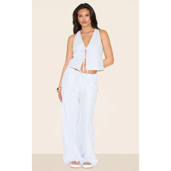 Blue Striped Tie Waist Straight Leg Pants