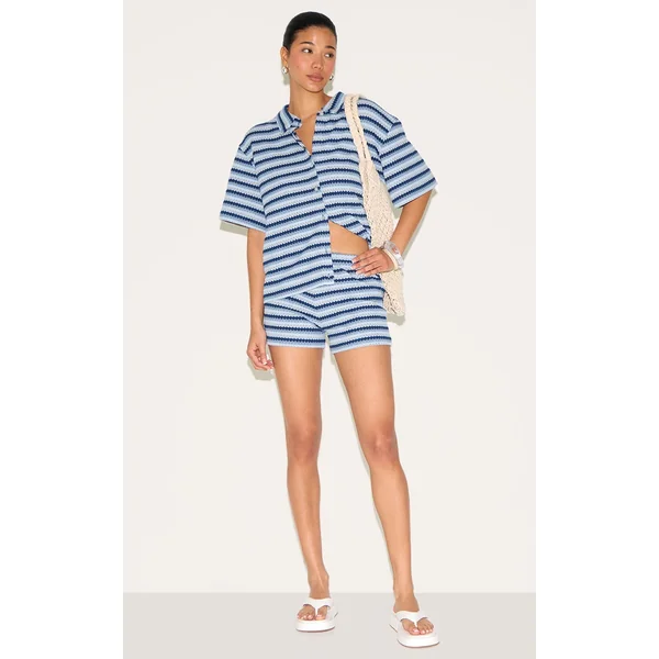 Blue Textured Stripe Hotpants