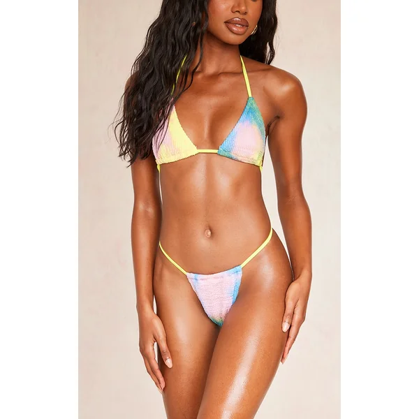 Blue Tie Dye Print Crinkle Tanga Bikini Bottoms