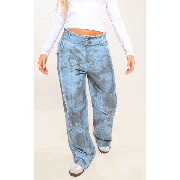 Blue Washed Twill Exposed Seam Straight Leg Pants