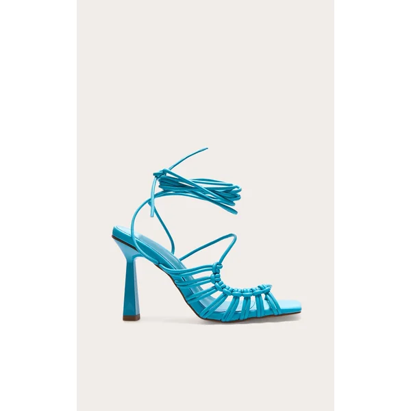 Blue Wide Fit PU Square Toe Knot Lace Up Side Detail High Heeled Sandals