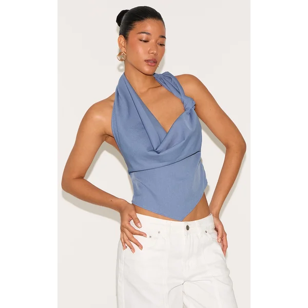 Blue Woven Cowl Neck Long Top