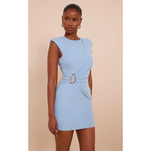 Blue Woven Ruched Trim Detail Mini Dress