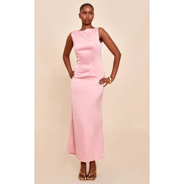 Blush Bridesmaid Satin Boat Neck Maxi Dress