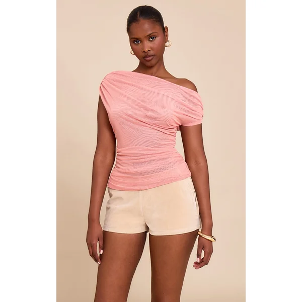 Blush Pink Double Layer Mesh Ruched Detail Asymmetric