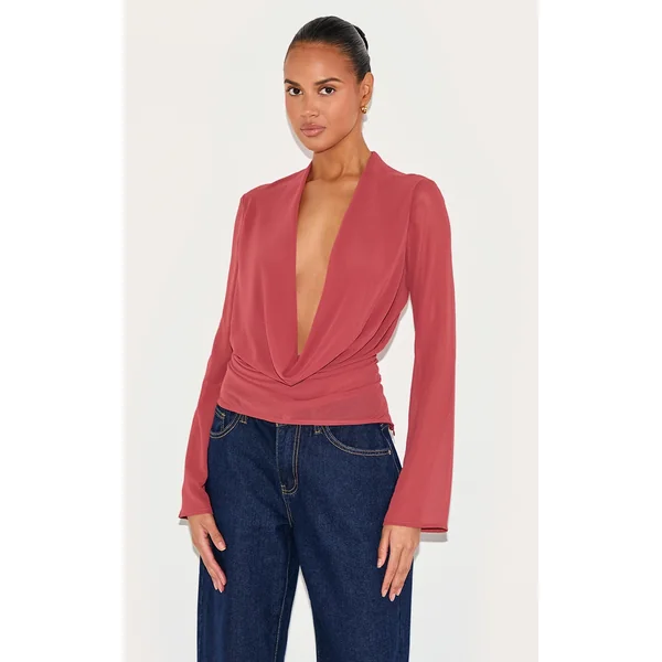 Blush Rose Chiffon Long Sleeve Sheer Cowl Blouse