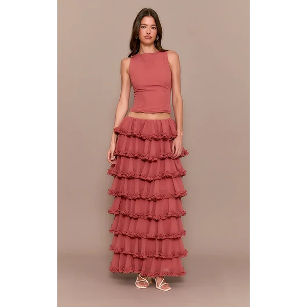 Blush Rose Chiffon Tiered Frill Maxi Skirt