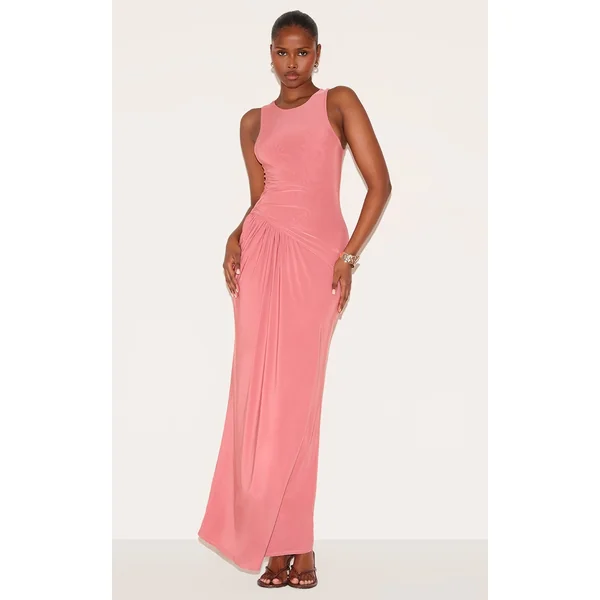 Blush Rose Double Layer Slinky Drop Waist Ruched Maxi Dress
