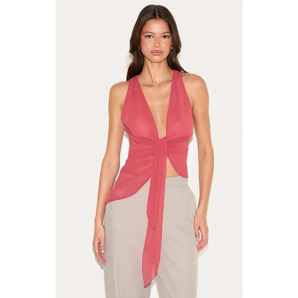 Blush Rose Drape Plunge Front Chiffon Long Top