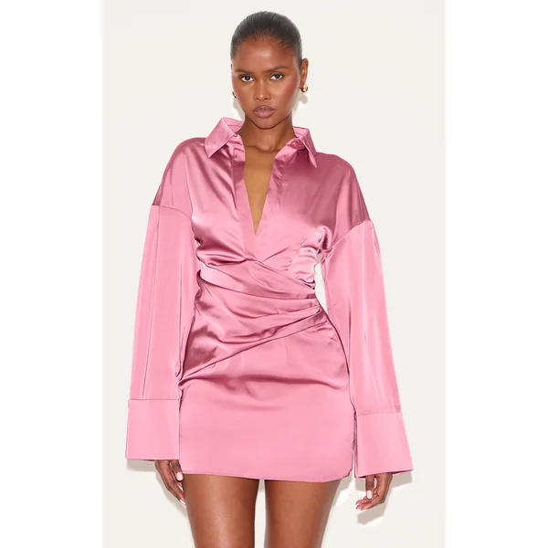 Blush Rose Premium Satin Bell Sleeve Shirt Dress
