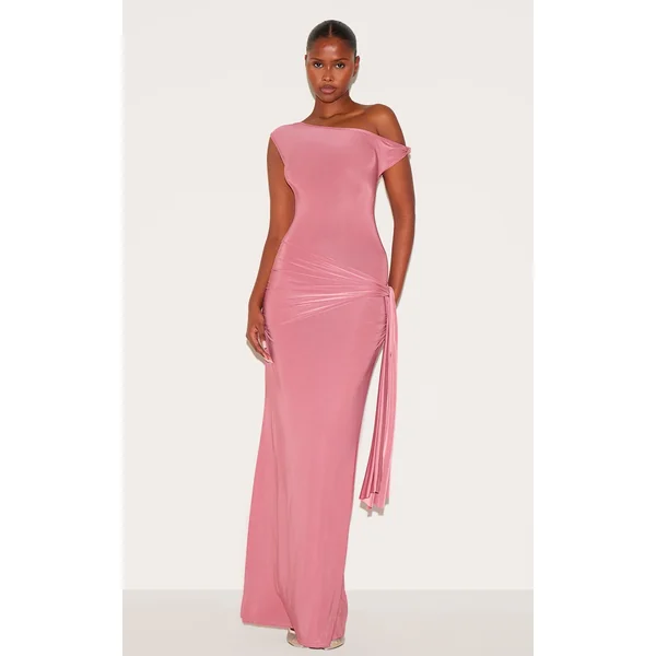 Blush Rose Slinky Off Shoulder Wrap Detail Maxi Dress