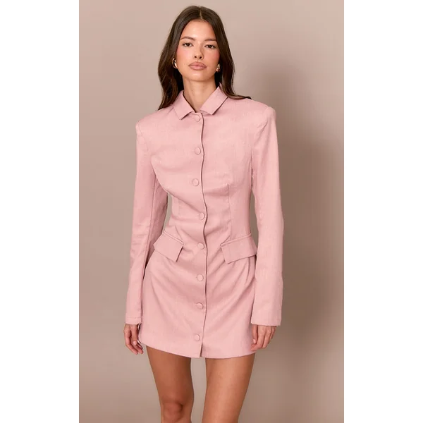 Blush Rose Tailored Button Up Pocket Detail Mini Dress