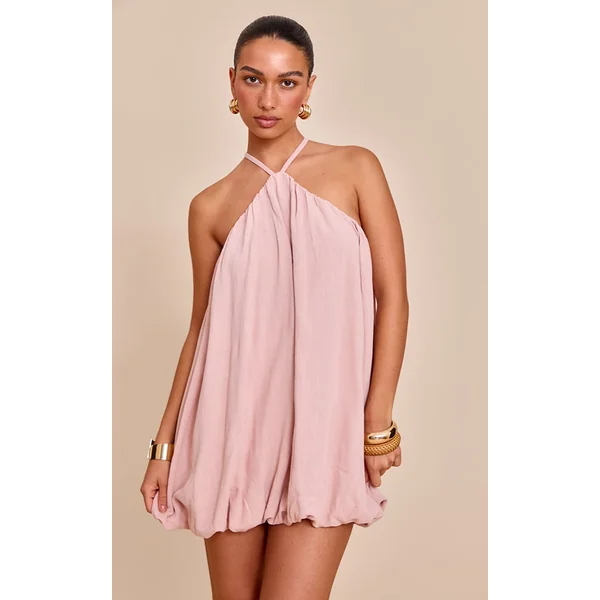 Blush Textured Halterneck Linen Look Puffball Dress