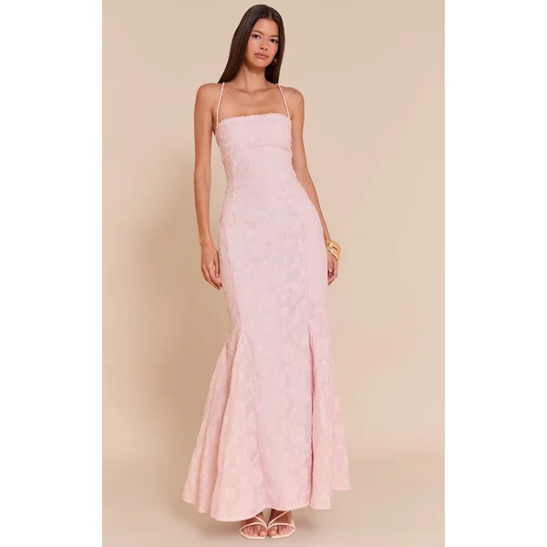 Blush Textured Lace Up Back Maxi Dress