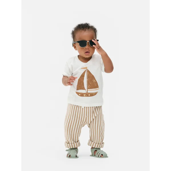 Boat T-Shirt and Striped Pants Set - Beige