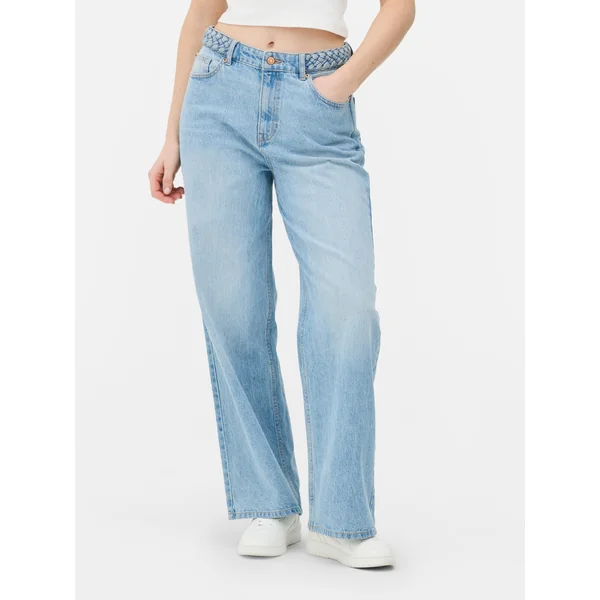 Braided Waist Wide Leg Jeans - Light Blue