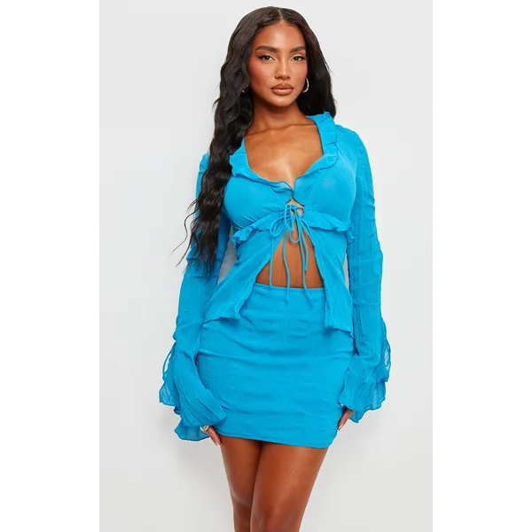 Bright Blue Crinkle Chiffon Tie Detail Flare Sleeve Bodycon Dress