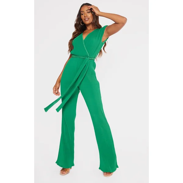Bright Green Pleated Shoulder Pad Flared Leg Jumpsuit