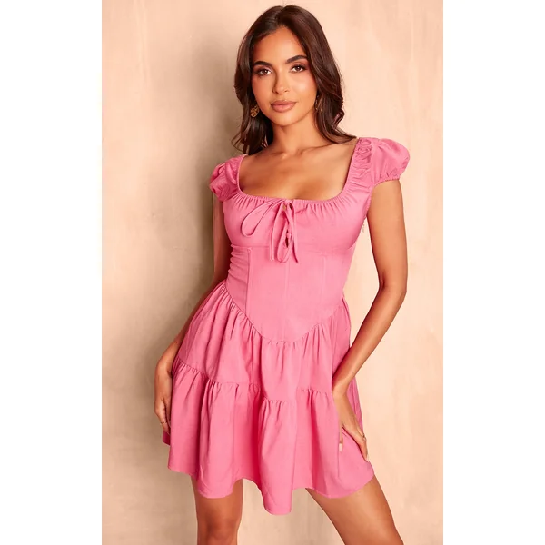 Bright Pink Corset Detail Tie Shift Dress