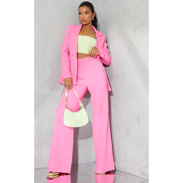 Bright Pink Woven High Waisted Tailored Wide Leg Pants