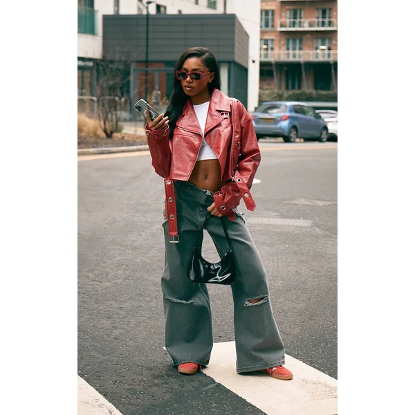 Bright Red Patent Faux Leather Belt Detail Cropped Biker Jacket