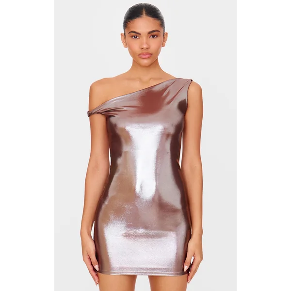 Bronze Metallic Asymmetric One Shoulder Mini Dress